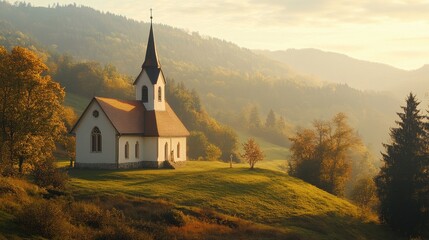 Fototapeta premium Scenic view of a quaint church surrounded by lush hills and autumn foliage in a serene countryside landscape at golden hour.