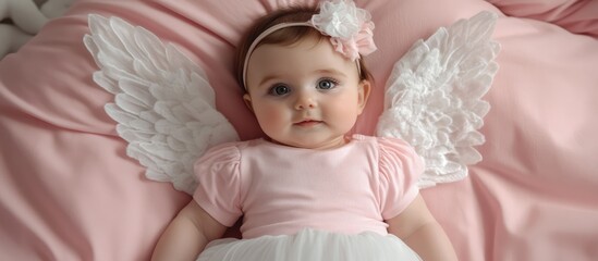 Fototapeta premium Adorable infant girl in angel wings lying on pink blanket, capturing innocence and charm in a whimsical, angelic-themed setting