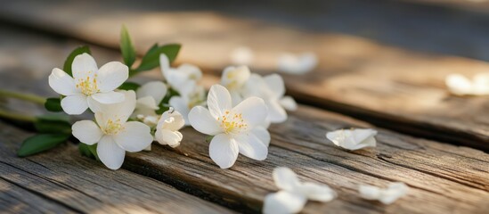 Fototapeta premium White flowers delicately arranged on a rustic wooden table creating a serene and picturesque natural celebration atmosphere