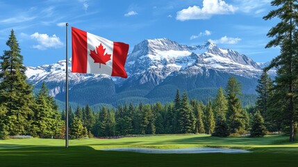 Majestic canadian landscape celebrating canada day with flag and mountain scenery