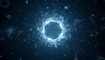 Obraz premium A surreal abstract composition with geometric shapes, lines, and a central circular element in shades of blue and white against a dark background.Science and technology background