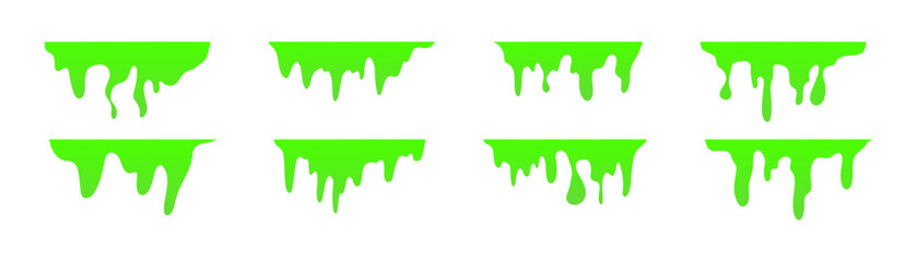 Dripping green goo with splashes and blot effects. Mucus texture blobs. Flat vector illustration isolated on white background.