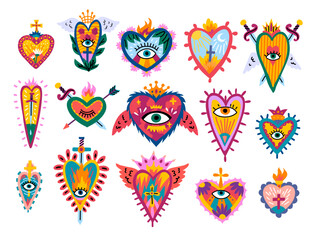 Cartoon Color Different Sacred Mexican Hearts Icons Set Day of Dead Holiday Concept Flat Design Style. Vector illustration