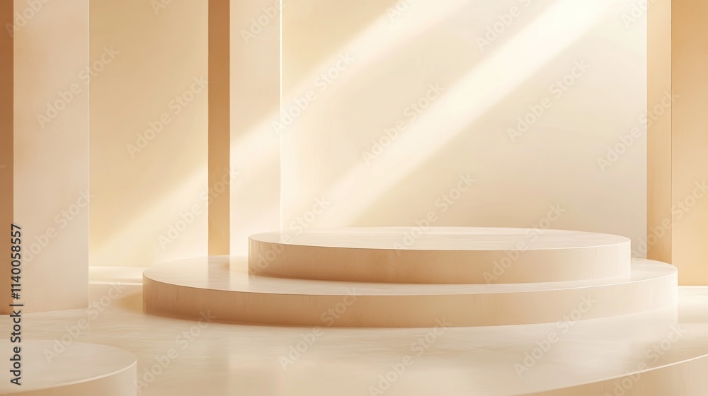 Poster a minimalist stage with soft lighting, ideal for presentations or events.