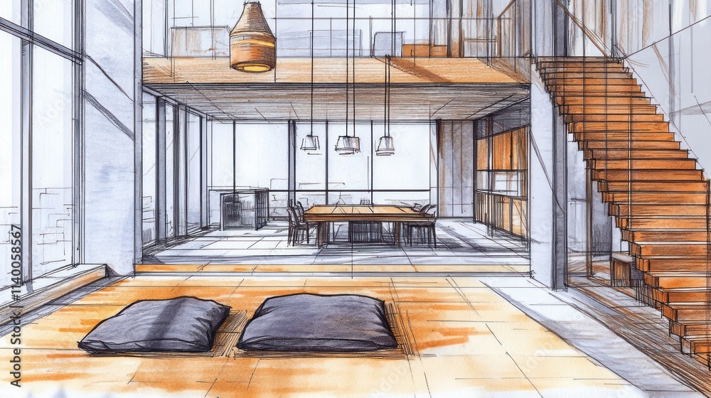 Poster modern interior design sketch featuring an open space with minimalistic furniture and natural light.