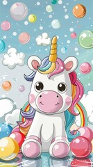 Naklejka premium A cute cartoon unicorn with colorful mane and bubbles in a whimsical background.