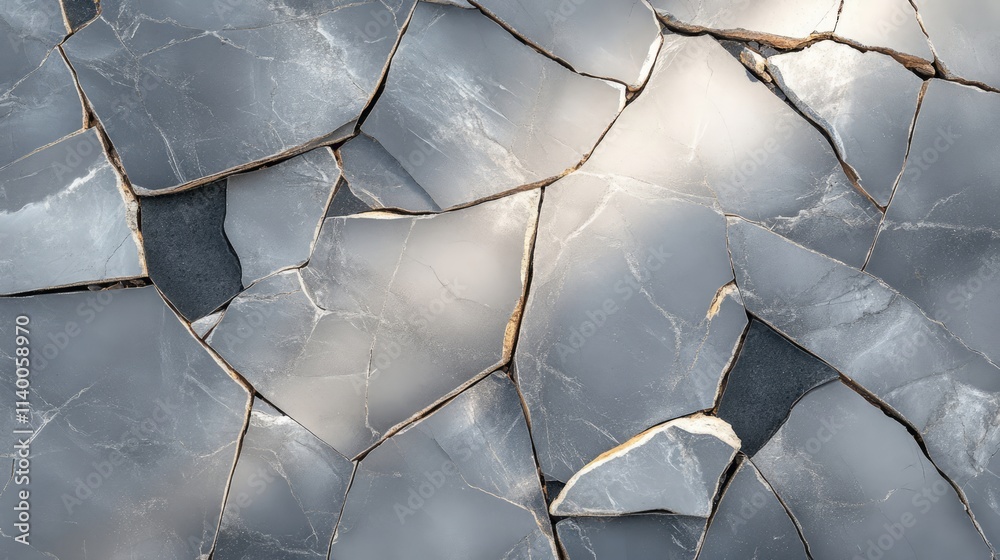 Poster broken gray floor tiles creating an abstract distressed surface with cracks showcasing texture and d