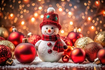 A detailed macro shot: a cheery Christmas snowman ornament in red and white.