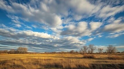 Serene Landscapes with Dramatic Cloud Formation Over Expansive Golden Fields Amidst a Clear Blue Sky in Nature Photography