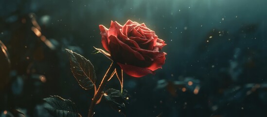 beautiful close up of a fresh red rose illuminated by soft light with a blurred dark background creating a romantic atmosphere