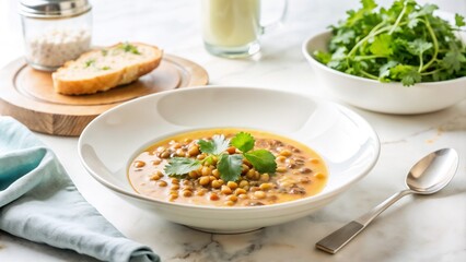 Lentil soup with cilantro in a bowl, served with bread and salad on a marble table, healthy dish
