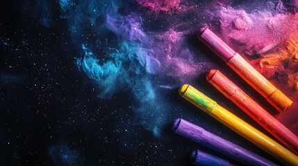 Colorful drawing tools and pastels arranged artistically on a dark cosmic background creating vibrant artistic potential and creativity.