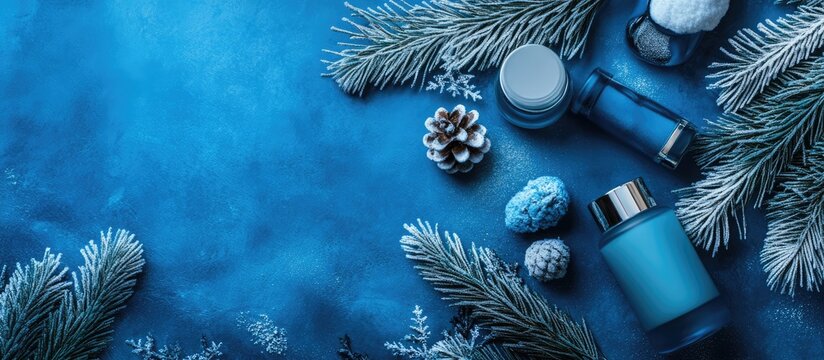 Winter skincare essentials flat lay with pine branches and blue cosmetic jars on a frost background for promotional text or design use