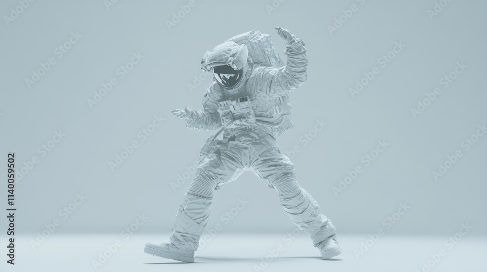 Fototapete a stylized astronaut figure in a dynamic pose against a minimalistic background.