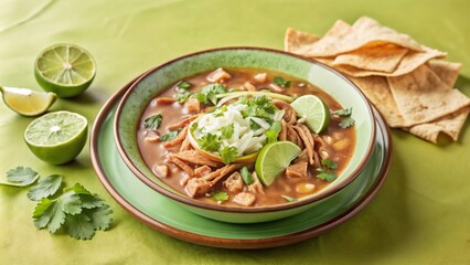Chicken tortilla soup garnished with fresh cilantro and lime on green plate
