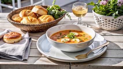 Shrimp bisque served in bowl with fresh herbs and rolls on table
