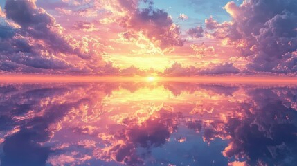 Vibrant sunset clouds reflecting over serene ocean waters creating a tranquil and picturesque seascape view