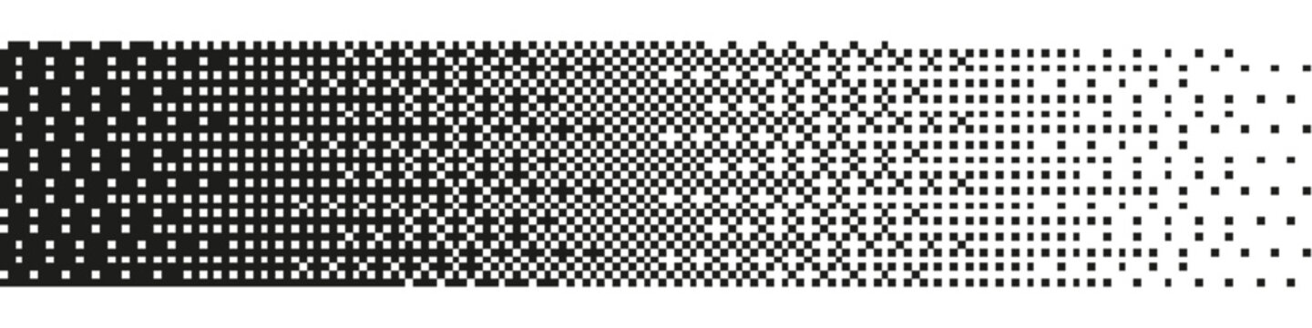 Abstract pixel pattern with fading dots and geometric shapes. Digital mosaic with dissolving squares and halftone texture background. Flat vector illustration isolated