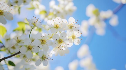 Delicate white flowers of Crataegus laevigata against a blue sky symbolizing beauty and nature in springtime blooms