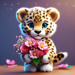 A cute cartoon leopard holding a beautiful bouquet of flowers, Valentine's Day and March 8 card.