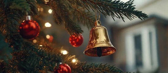 Closeup of a beautifully decorated Christmas tree showcasing a golden bell and red ornaments hanging from lush green pine branches