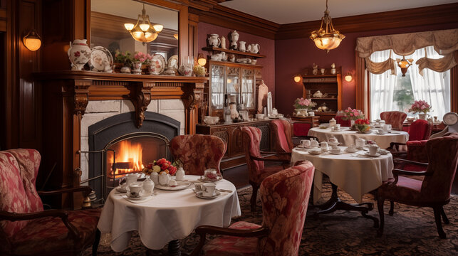 A cozy Victorian-style tea room featuring an ornate fireplace, antique furniture, and tables set for afternoon tea. an inviting atmosphere, perfect for enjoying traditional English tea.