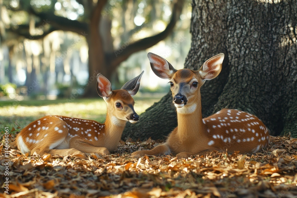 Poster two fawns resting under a tree, surrounded by fallen leaves in a serene environment.