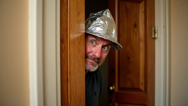 Man in a tinfoil hat cautiously peeking from behind a door, symbolizing paranoia and the need for protection