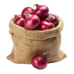 Red onion in burlap sack isolated on transparent background