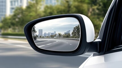Reflective surface of a car side mirror shows a rapidly passing city skyline, emphasizing motion and speed during traveling