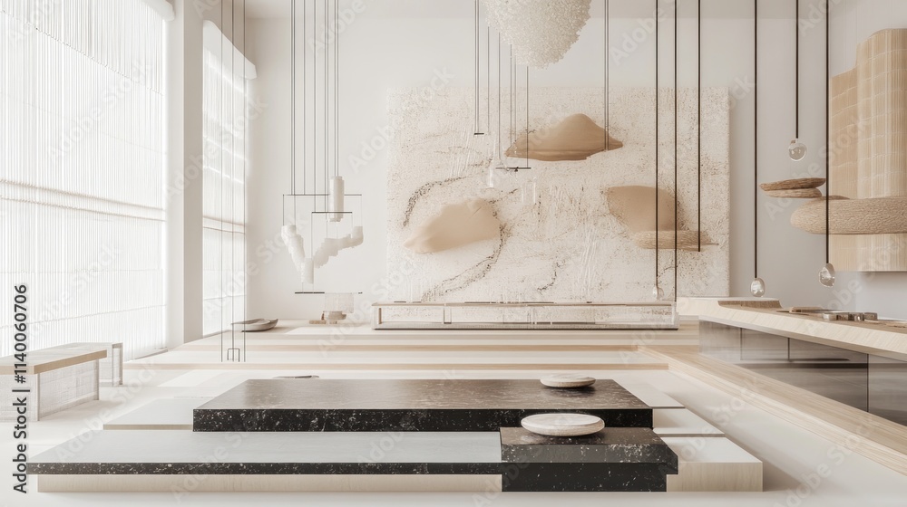 Poster a minimalist dining space featuring natural materials and soft colors.
