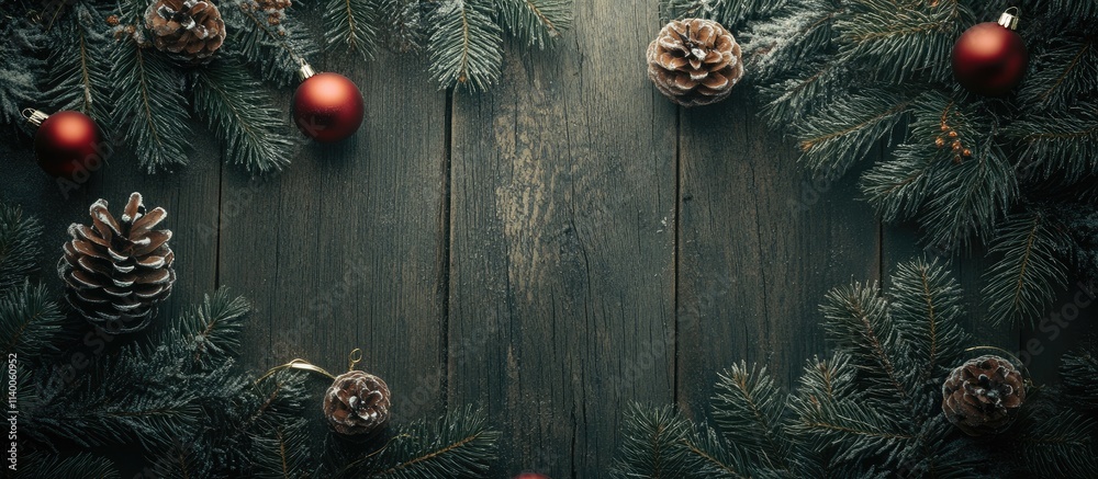 Wall mural Christmas decorations with fir branches pine cones and red ornaments arranged beautifully on a rustic wooden background