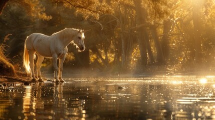 A white unicorn stands gracefully in a golden, sun-drenched river