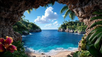 Fototapeta premium stunning tropical beach view framed by lush greenery and rocky cliffs, showcasing vibrant blue waters and clear sky. This serene landscape invites relaxation and adventure