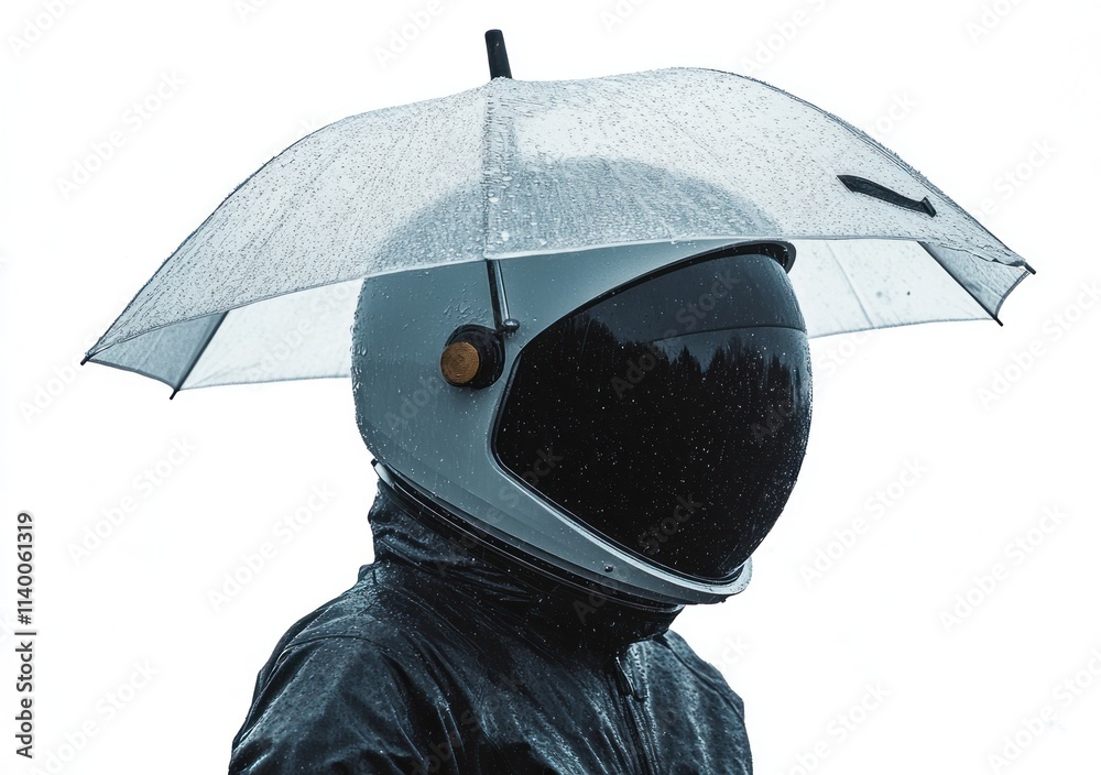 Poster a person in a spacesuit with an umbrella, standing in the rain.