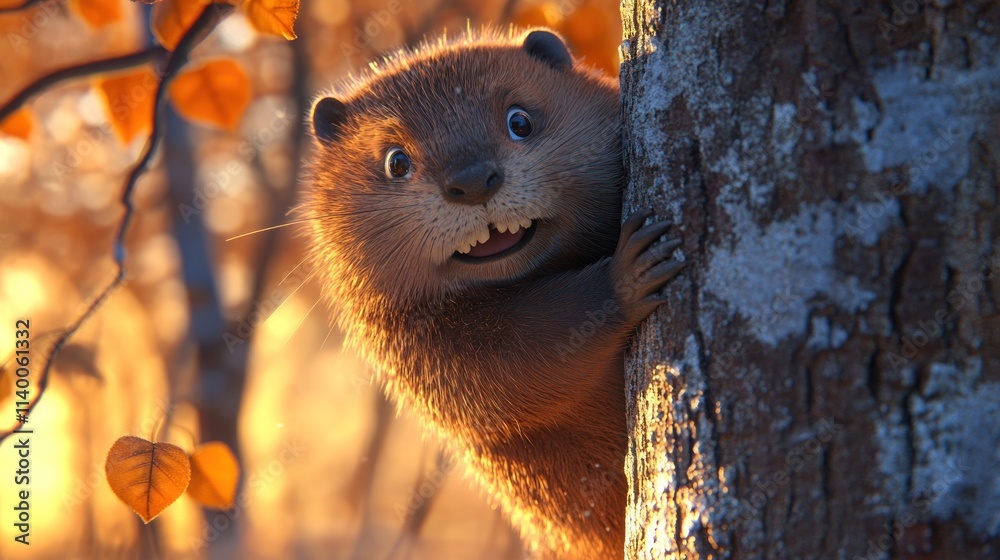 Poster a cheerful cartoon beaver peeks out from behind a tree in a vibrant autumn setting.