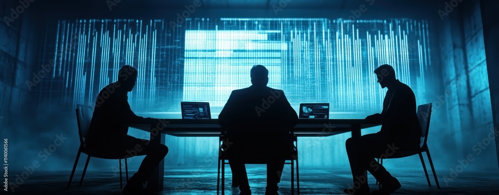Poster silhouetted figures in a dark room with screens, suggesting a business or tech discussion.
