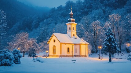 Charming winter scene of a snow-covered church surrounded by frosted trees and softly lit pathways in a tranquil landscape.