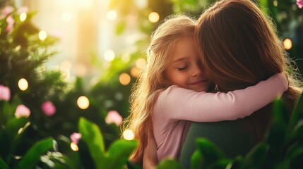 Fototapeta premium Warm embrace in nature: caucasian woman and child sharing a loving hug amidst sunlit garden. Happy mother's day