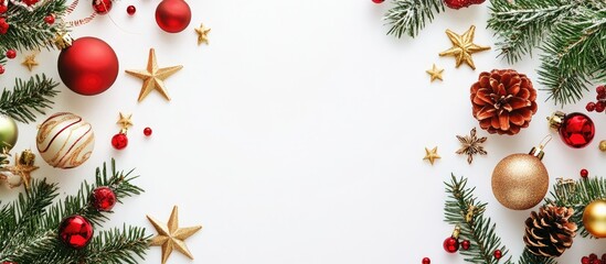 Festive holiday decorations with ornaments and pine branches on a white background creating a celebratory atmosphere