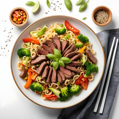 Udon noodles with tofu broccoli carrots pepper and sesame Healthy eating Vegetarian food Asian food