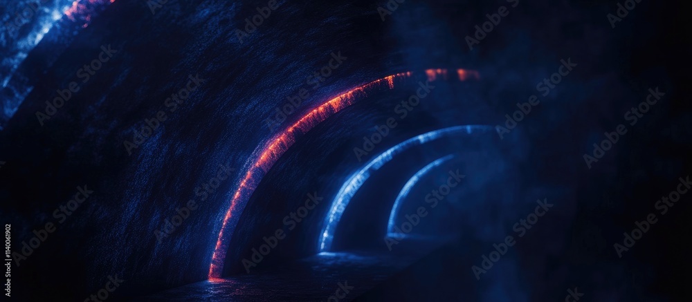 Poster Illuminated abstract tunnel design showcasing engineering innovation and modern infrastructure concepts with blue and red lighting effects.