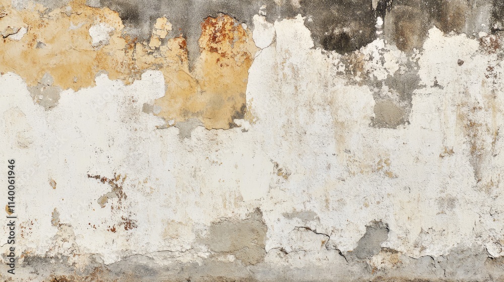 Poster aged weathered white concrete wall with peeling paint and texture details for background use
