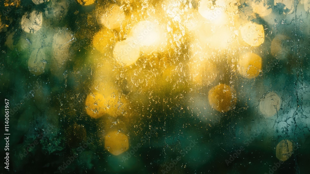 Aufkleber Abstract background of a blurred dirty glass texture with golden bokeh lights creating a moody atmospheric effect in soft focus.