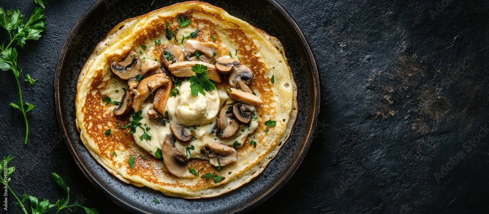 Poster homemade crepes topped with creamy mushroom chicken sauce garnished with fresh herbs and cheese on a