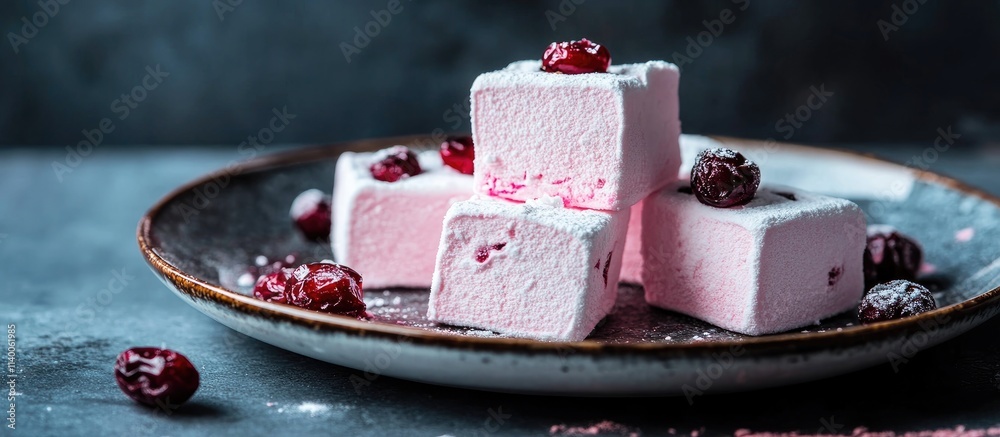 Aufkleber pink marshmallows with cranberries arranged on a plate against a dark backdrop highlighting textures and colors for dessert features
