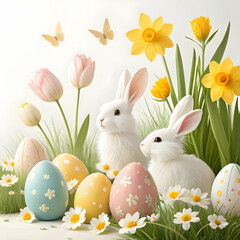 Fototapeta premium Happy easter with cute bunny hug eggs with spring flowers around in pastel watercolor style