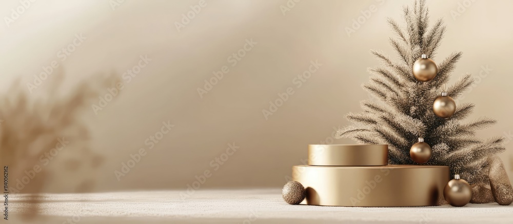 Aufkleber Elegant Christmas tree with festive ornaments and podiums on a soft light background creating a warm holiday atmosphere