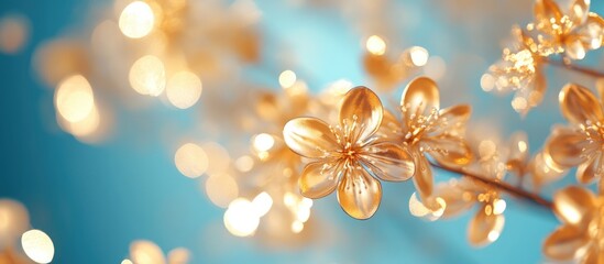 Fototapeta premium Golden Blossom Flowers with Soft Focus and Blue Background in Spring Garden