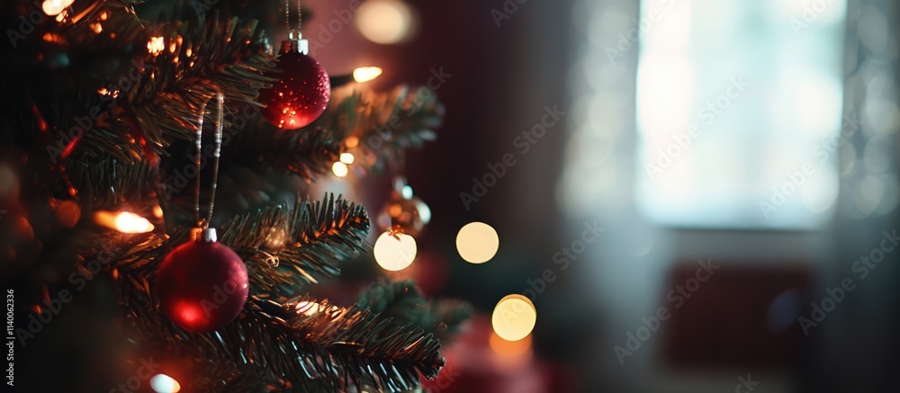 Poster elegant defocused lights on a beautifully decorated christmas tree creating a warm festive atmospher